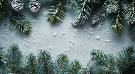 Merry Christmas and Happy Holidays greeting card, frame, banner. New Year. Noel. Snow christmas tree light background. Winter xmas holiday theme. Flat lay Fir branches,pine cones and snow background space for textの素材