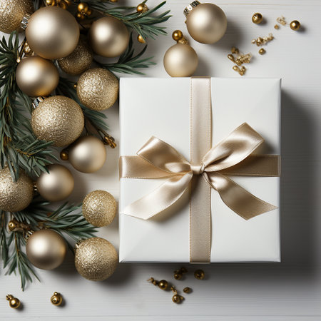 White Christmas presents with gold decoration.Merry Christmas and Happy Holidays greeting card, frame, banner. New Year. Christmas silver handmade gift boxes on white marble background top view. Winter holiday theme. Flat lay.festiveの素材