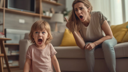 Mother scolds her disobedient child.. A child cries and is angry, a woman shakes her finger because of the child bad behavior, Rule of conduct. Giving naughty child time out copy spaceの素材