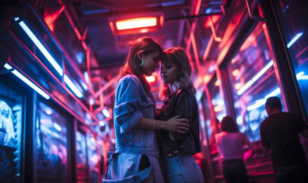 Two happy excited pretty stylish cool diverse gen z girls friends,trendy outfits having fun at them night club party event, Japanese people bonding on Tokyo streets neon lights discoの素材