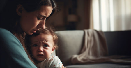 Child is crying in room in the arms of his mother. A loving young mother hugs and comforts her little daughter. Mom calms child. Family mother and baby with tears in their eyes emotionally embrace copy spaceの素材