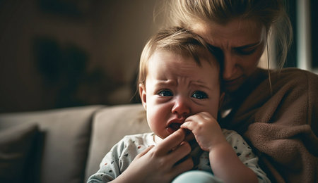 Child is crying in room in the arms of his mother. A loving young mother hugs and comforts her little daughter. Mom calms child. Family mother and baby with tears in their eyes emotionally embrace copy spaceの素材