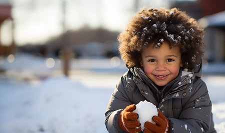 Young cheerful black boy having fun making a snowball. Happy cute boy in the white fresh snow in the winter copy space space for textの素材