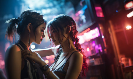 Two happy excited pretty stylish cool diverse gen z girls friends,trendy outfits having fun at them night club party event, Japanese people bonding on Tokyo streets neon lights discoの素材