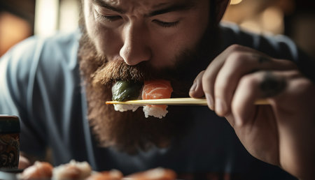 Mouth of person eating japanese sushi rolls with chopsticks, satisfaction, order in oriental fast food restaurant, delivery concept. Close up on mouth and sushi delicious foodの素材
