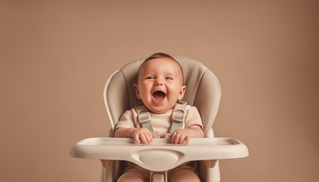 Indoor shot of smiling positive baby sitting in a chair having fun at dinner time. Happy playful portrait of baby child copy space space for textの素材