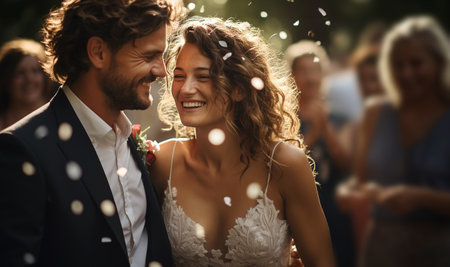 Beautiful Bride and Groom Celebrate Wedding at an Evening Reception Party. Newlyweds Propose a Toast to Happy Marriage space for textの素材