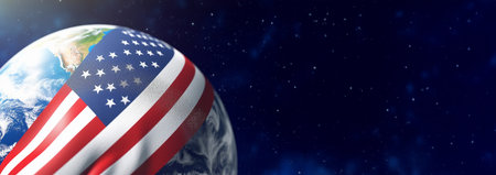 Flag of the United States on the Earth. Star Spangled flag, American flag. Colorful national flag. digital illustration, computer illustration, World domination of the USA. America with copy space. USA taking over the world Space for textの素材