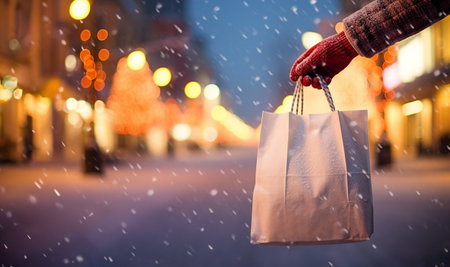Close-up hand with winter glove holding shopping bags in winter shopping street with snow. Christmas gifts and free place for your text. Holidays shopping, discounts and promotion, Christmas delivery service concept. Copy space space for textの素材