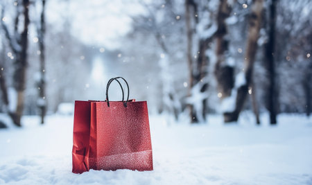 Close-up shopping bags stands in the snow in winter landscape . Christmas gifts and free place for your text. Holidays shopping, discounts and promotion, Christmas delivery service concept. Copy space space for textの素材