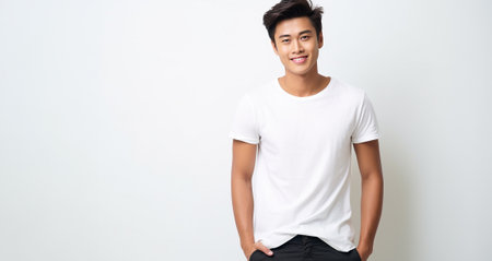 Asian male model wearing black white t-shirt. T-Shirt template, young man wearing blank white shirt for content copy space. stylish handsome asian guy space for textの素材