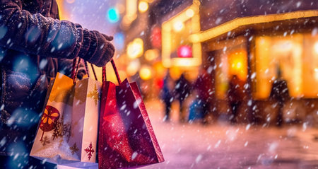 Close-up hand with winter glove holding shopping bags in winter shopping street with snow. Christmas gifts and free place for your text. Holidays shopping, discounts and promotion, Christmas delivery service concept. Copy space space for textの素材