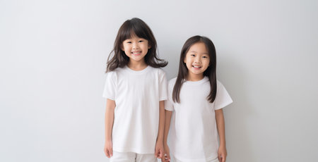 Two handsome Asian children with white blank shirt for advertisement or logo. Happy Japanese kids isolated on white background copy space space for textの素材