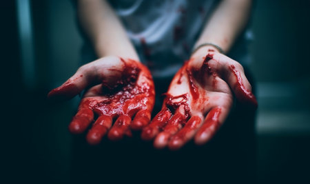 Hand of killed person or the killer with bloody hands. Abuse and domestic violence. horror or Halloween background or surface with bloody red hands prints on moody wall with copy space. Halloween background Space for textの素材