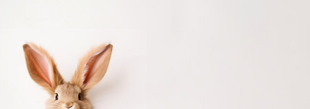 Easter bunny ears on edge of frame isolated on white background. Easter bunny hiding, Copy space. Brown realistic bunny. Happy Easter concept Space for textの素材