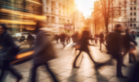 Crowd of people multiracial people walking in the city.Blurred crowd of unrecognizable at the street. Busy streets business, shopping area. Blurred defocused backgroundの素材