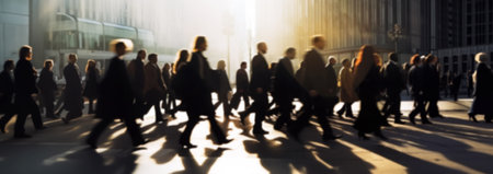 Blurred crowd of unrecognizable business people at the street in a busy city. People in a hurry for work. Rush hour motion blur concept backgroundの素材