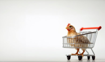 Chicken in shopping cart. Concept for chicken and meat industry. Fresh chicken meat in shopping cart isolated on white background copy space space for textの素材