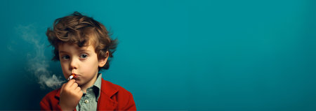 Concept for smoking in front of the child kid. A little child smoking a cigarette. Bad influence concept. Bad habit, health and safety and addiction background copy space Space for textの素材