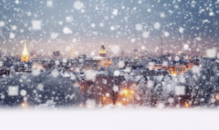 Magical winter snow fall and city lights. blurred background city street with Christmas illuminations, blurred holiday background. Christmas lights and Christmas decorations on the street. For banner, designs. copy space space for textの素材