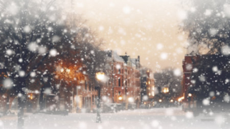 Magical winter snow fall and city lights. blurred background city street with Christmas illuminations, blurred holiday background. Christmas lights and Christmas decorations on the street. For banner, designs. copy space space for textの素材