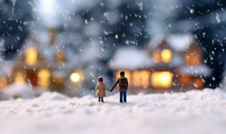 Romantic couple hugging in the snow fall. Magical winter landscape. Couple outdoor in winter. christmas a couple celebrates together christmas copy space space for textの素材