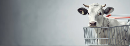 Cow in shopping cart. concept for meat industry. Beef meat products. Meat store butcher shop copy. Animal products concept background copy space space for textの素材