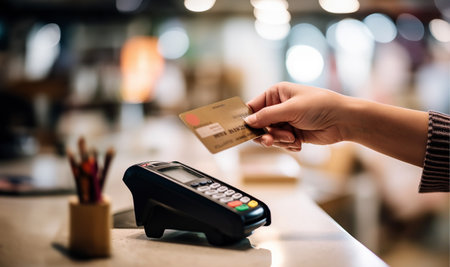 Woman paying bill with credit card Contactless payment. NFC technology in a restaurant. Satisfied customer paying using contactless technology. Closeup hands of mobile payment at a store copy space Space for textの素材