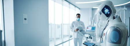 Smart robot Assistance doctor. Smart precision healthcare technology, artificial intelligence concept. Automation robot hand machine in operating room and surgery doctors in futuristic hospital. Helps in hospital technologyの素材