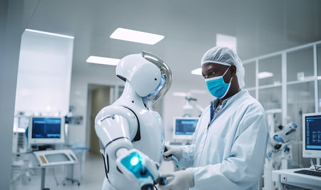 Smart robot Assistance doctor. Smart precision healthcare technology, artificial intelligence concept. Automation robot hand machine in operating room and surgery doctors in futuristic hospital. Helps in hospital technologyの素材