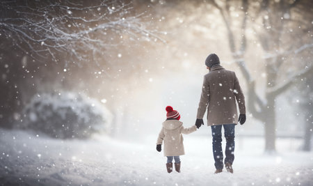 Father and child walking in magical landscape with snow fall. Happy family having fun outdoor in winter forest under snowflakes. Magic snowfall. Christmas and New Year illustration copy spaceの素材