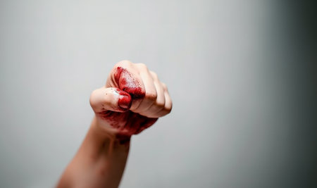 Fists with blood. Fighter. Fist blood. Fighter fighter shows a bloody hand folded in a fist. Angry man emotionally anger ready for fight. Copy space. Space for textの素材