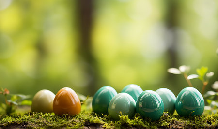 Beautiful postcard with easter decoration and painted colorful easter eggs in beautiful nature landscape in spring. Easter eggs on the fresh green meadow. copy space space for textの素材