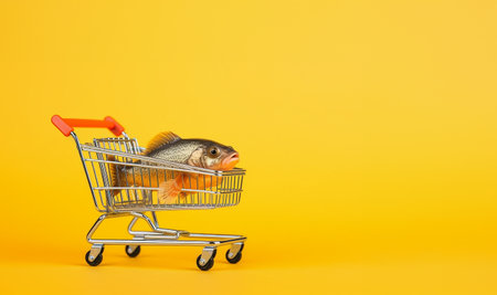 Miniature shopping cart with real fresh fish, concept for seafood and fish industry with copy space space for textの素材