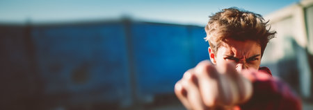 Angry boy teenager ready for fist fight. Hand-to-hand combat. Street fist fighter. Male fist closeup. fighter in a black hoodie prepares to strike with his fist. Man under blood. Conflict,bullying or robbery concept attackの素材