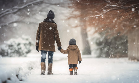 Father and child walking in magical landscape with snow fall. Happy family having fun outdoor in winter forest under snowflakes. Magic snowfall. Christmas and New Year illustration copy spaceの素材
