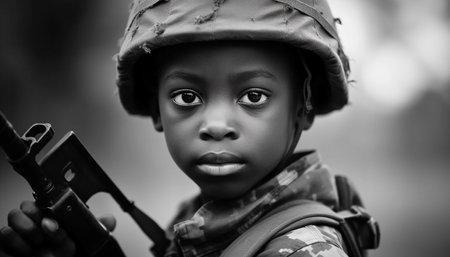 African kid soldier. Child soldiers weeping with guns, SDGs, unworthy labor. Portrait of an African American child with weapons ready for war. Child abuse. safety conceptの素材