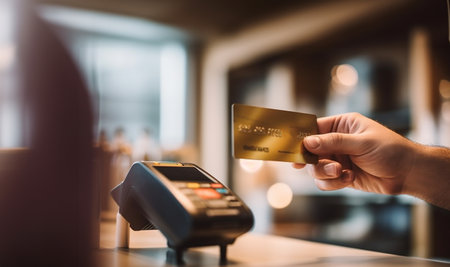 NFC Technology. Close up of hand Contactless payment with gold credit card, gold credit card in luxury store. Successful company copy space Space for textの素材