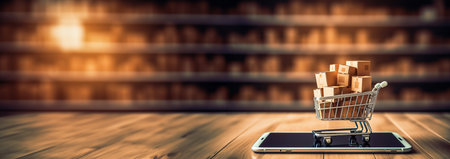 Smart phone with Iron shopping cart for online transportation in your smartphone logistic background concept. Iron shopping cart filled with packages. Ordering online or online business shop. copy space Space for textの素材
