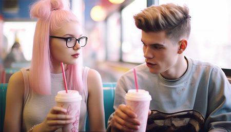Young romantic hipster couple drinking pink milkshake in retro diner. American fast food diner, Vintage 80s 70s design. Pink Restaurant in loveの素材