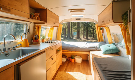 Interior of mobile home camper self made in vehicle. Cozy bedroom interior in the trailer of mobile home or recreational vehicle, concept of family local travel in native country on caravan or camper van and camping life. Travel,backpacker transportation concept stylishの素材
