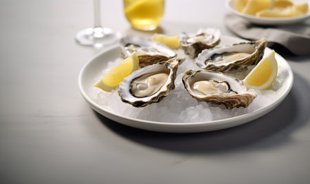 Fresh Oysters close-up on blue plate, served table with oysters, lemon and ice. Healthy sea food. Fresh Oyster dinner in restaurant. Gourmet food. copyspaceの素材