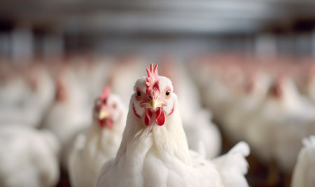 Broiler chicken industry. Broiler or Cornish chicken farm indoors. Meat and breeder farm industry. Ready for slaughter. crammed together farming copy spaceの素材