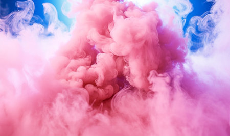 Swirling pink pastel clouds with blue background. Acrylic colors and ink in water. Abstract background, Cloud of silky ink in water on white isolated background, Ink drop in water, pink ink splash explosion copy spaceの素材