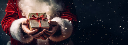 Christmas concept. Close up photo of Santa Claus hand holding a gift. Happy New Year, Merry Christmas, Celebration concept Sparkling present box with copy space space for textの素材