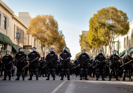 Group riot police with protective gear and shields standing on the streets by protest. demonstration policeの素材