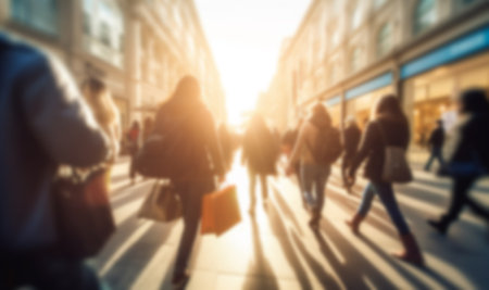 Busy shopping street in the city. Rush hour. Motion blurred crowd of shopping walking on busy fashion shop street. Crowd of people shoppers walking in the streets blurred background copy spaceの素材