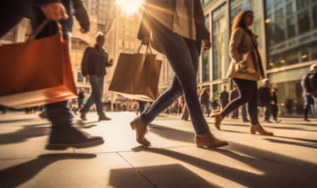 Busy shopping street in the city. Rush hour. Motion blurred crowd of shopping walking on busy fashion shop street. Crowd of people shoppers walking in the streets blurred background copy spaceの素材