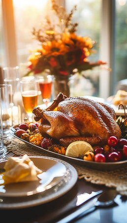 Thanksgiving dinner table. Roasted turkey garnished with cranberries on a rustic style table decorated with pumpkins, gourds, asparagus, brussel sprouts, baked vegetables, pie, flowers, and candles. Sunlight shining. Cozy Thanksgiving decor. Copy spaceの素材