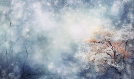 Christmas or new year light blue snowy background. Holiday glowing backdrop with falling snow and blurred bokeh. Defocused winter background with snow fall and copy space. Magic forest copy spaceの素材